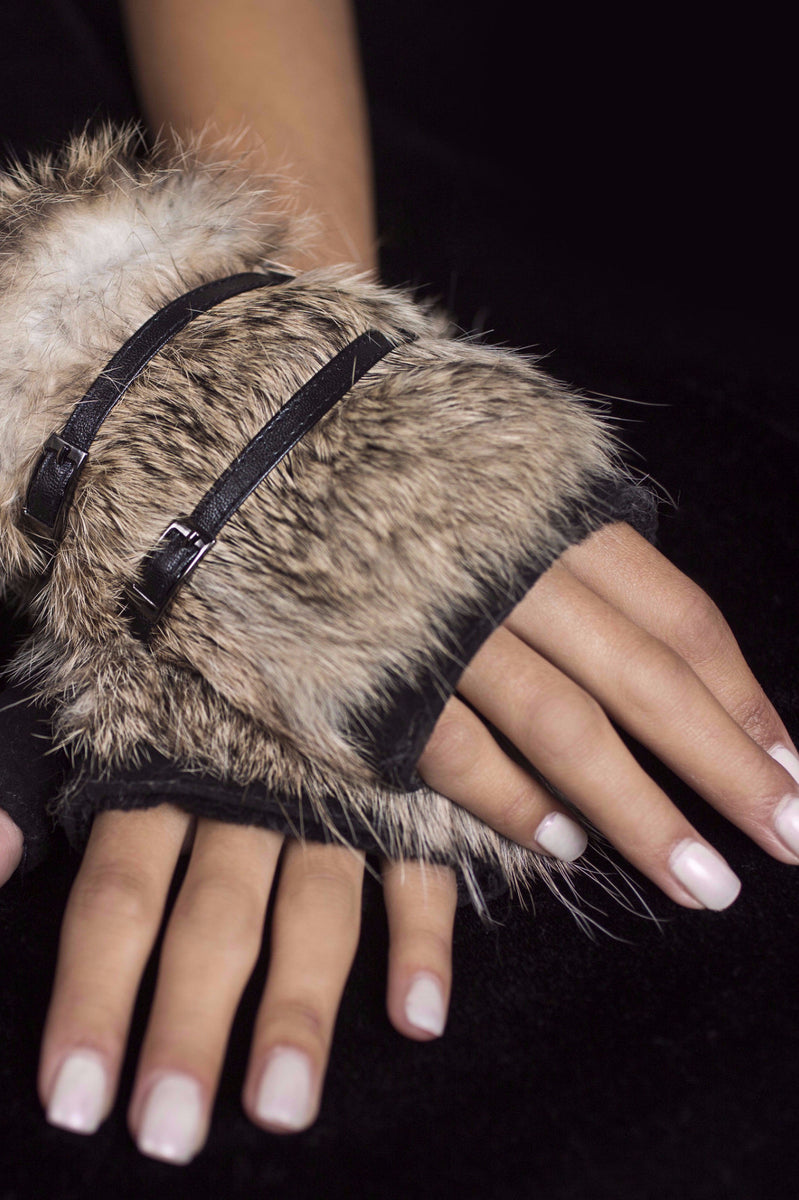 Rabbit Fur Fingerless Gloves with Buckle Minkas Furs
