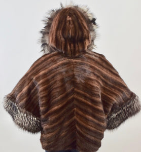 Mahogany Mink & Silver Fox Fur Hooded Vest/Jacket/Cape