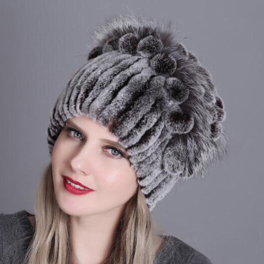 URSFUR Women's Knit Beanie Hat With Rex Rabbit Fur & Fox Fur Pom Pom - One Size Fits All - View #7