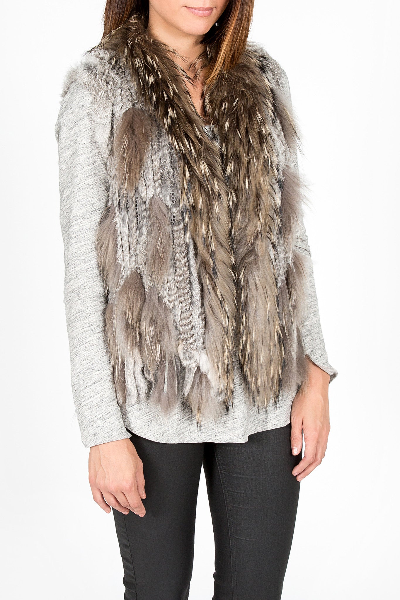 Knitted Rabbit Fur Vest with Raccoon Fur Trim