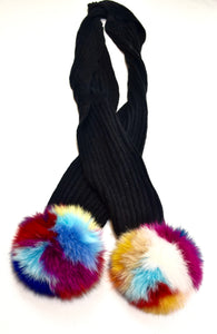 Lara Knit Scarf with Real Fox Fur Pom-Poms