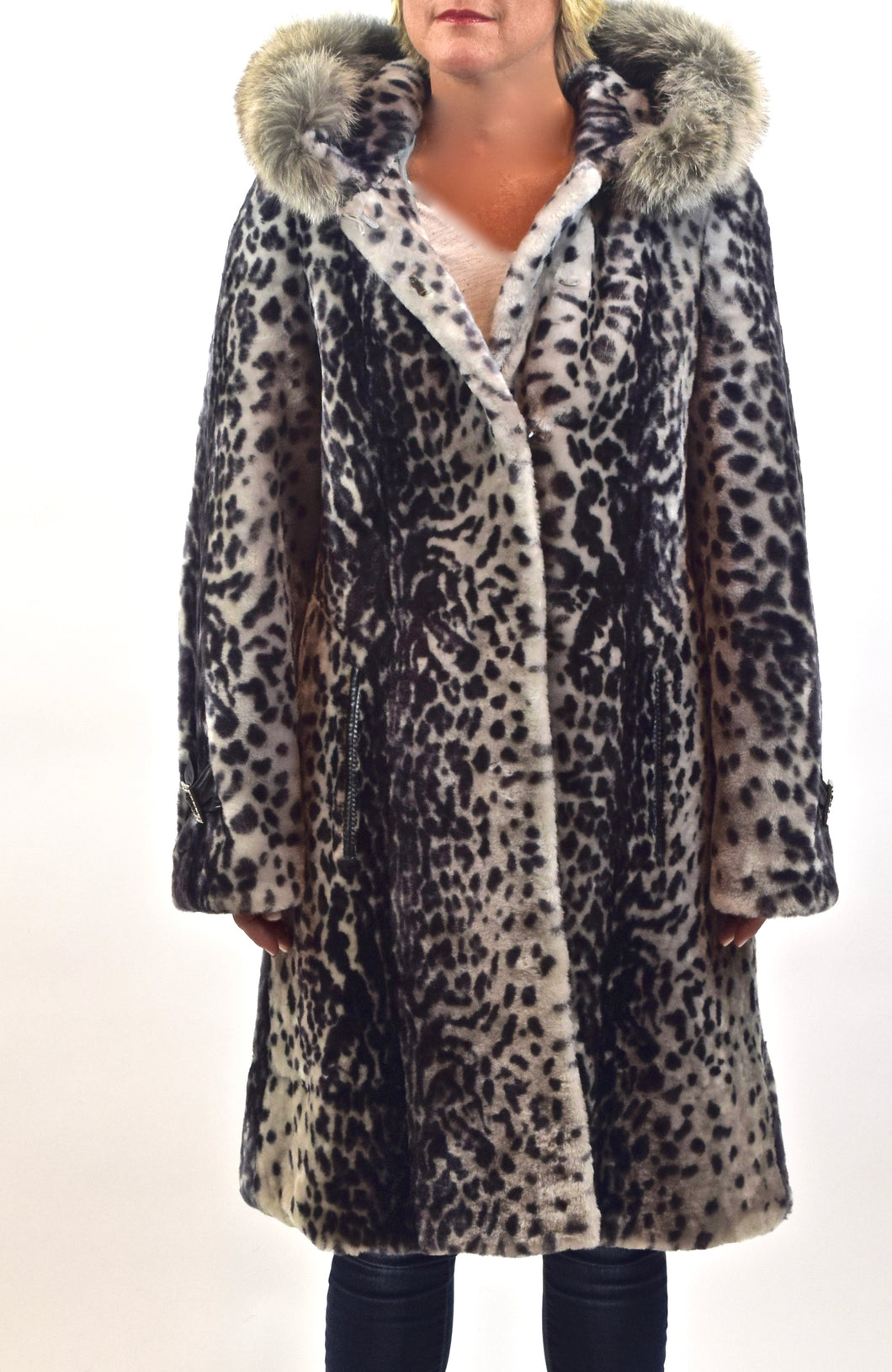 Leopard Dyed Mouton Lamb & Fox Fur Coat