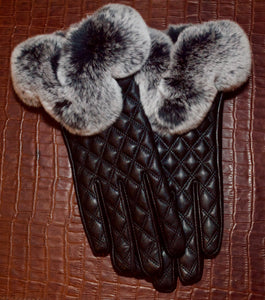 Ladies Lambskin Leather & Chinchilla Rex Fur Gloves