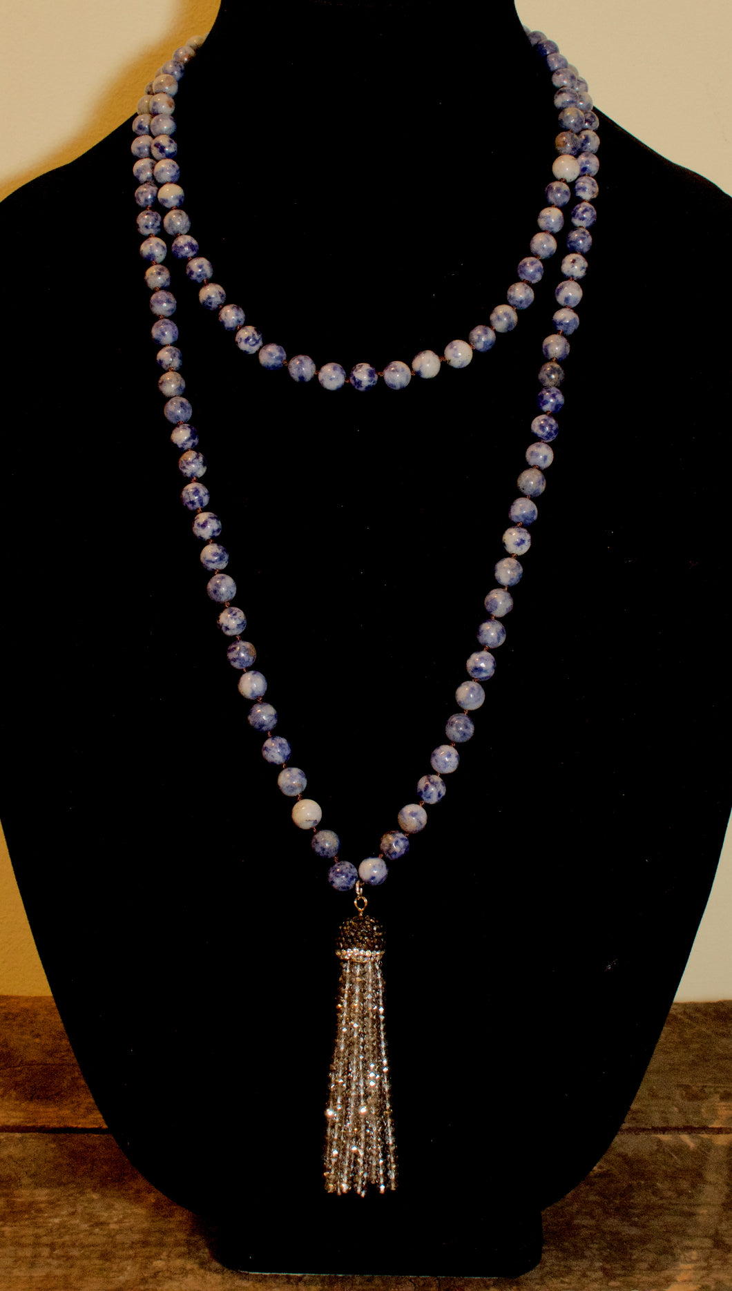 Sodalite Beads & Crystal Tassel Necklace