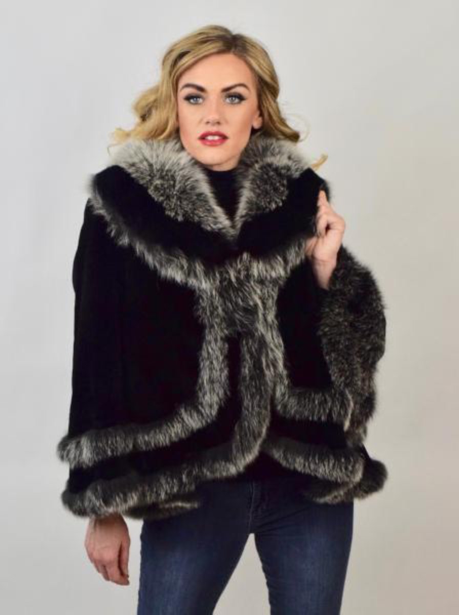 Sheared  & Dyed Chinchilla Rex & Fox Fur Coat/Cape