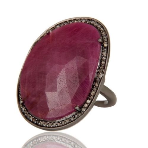 Natural Ruby & Pave Diamonds Sterling Silver Ring