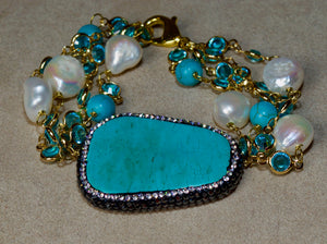 Howlite Turquoise, Baroque Pearl + Hematite Crystal Bracelet