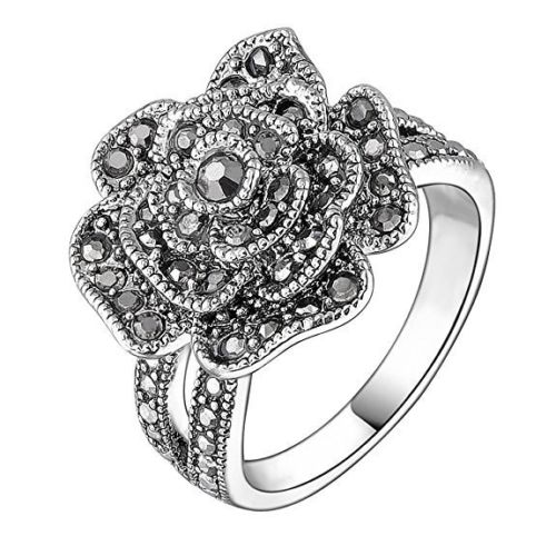 Hematite Floral Ring- Silver Plated