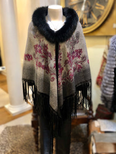 Grey & Violet Paisley Wool Cape with Fox  Fur Trim and Leather Fringe