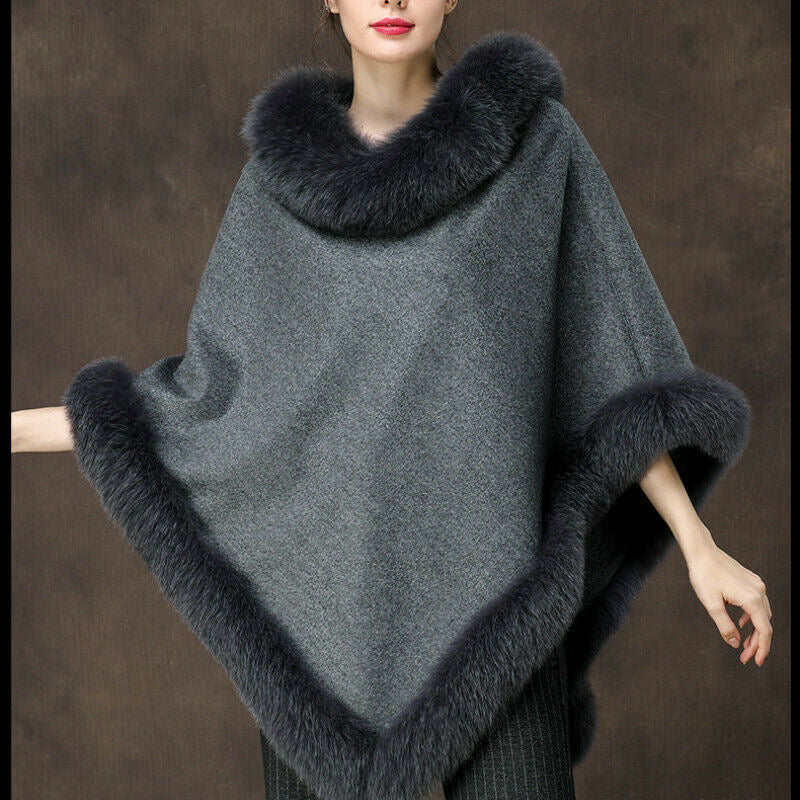 Gray Cashmere and Fox Fur Trimmed Poncho