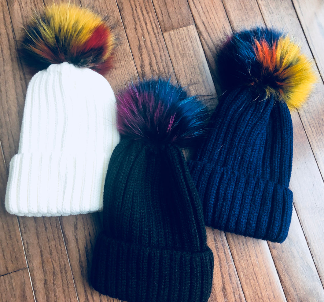 Knit hat & Fox fur pom pom