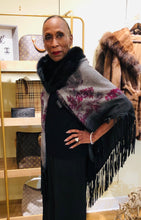 Load image into Gallery viewer, Grey &amp; Violet Paisley Wool Cape with Fox  Fur Trim and Leather Fringe
