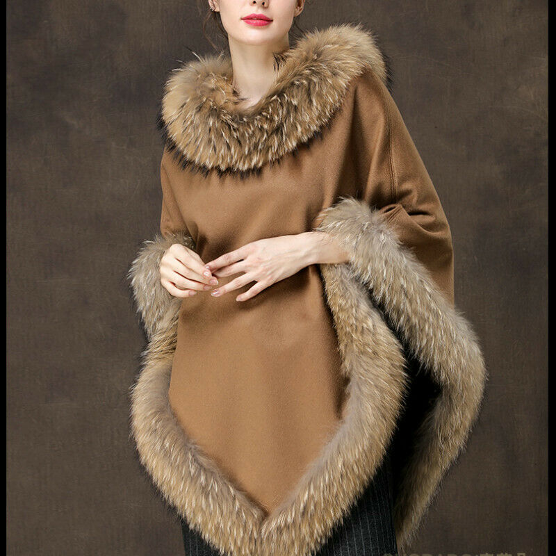 Tan Cashmere and Fox Fur Trimmed Poncho
